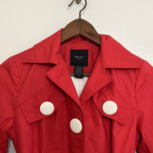 Smythe Jacket Womens 2 Red Cotton Short Trench White Buttons Classic Designer - Picture 4 of 16